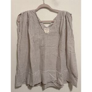 Mirth One Size Nantucket Beige Striped Top Cotton Voile Shoulder Pleats Blouse